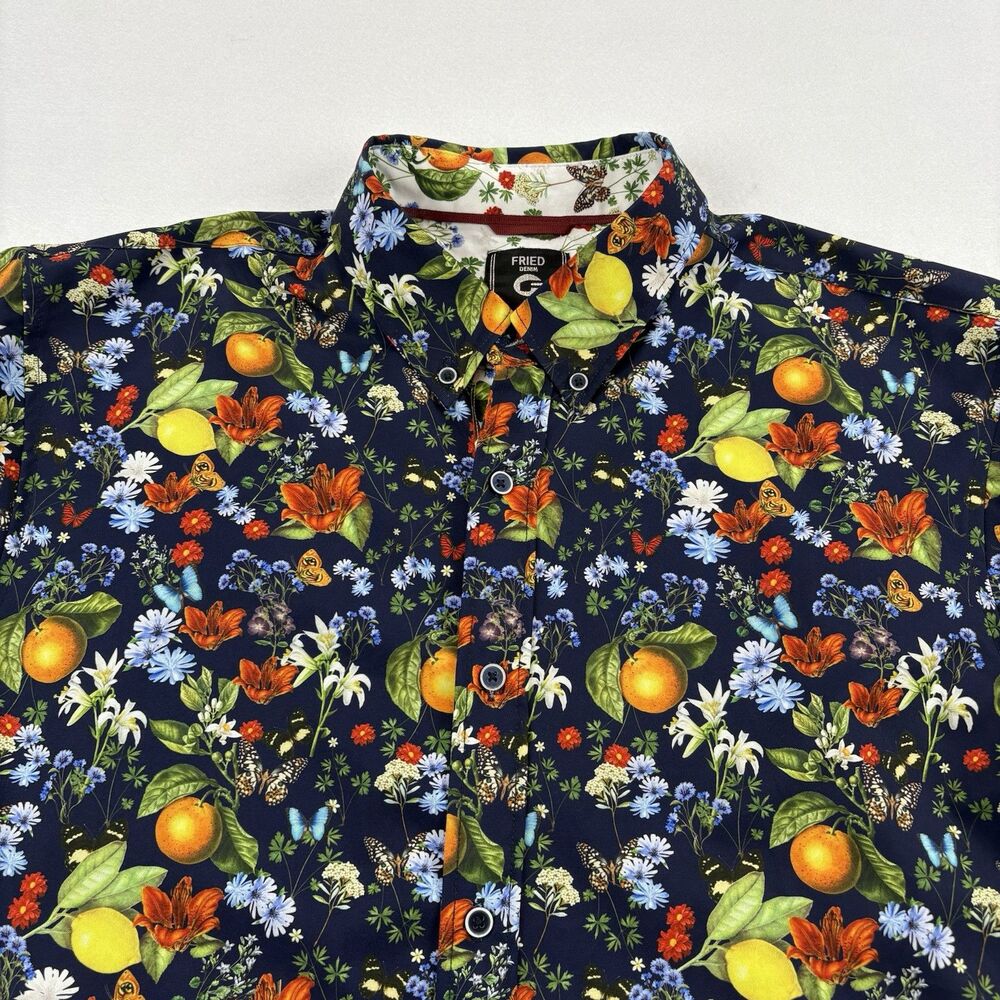 Fried Denim NYC Tropical Floral Button Up Shirt Mens XL Slim Fit Short Sleeve